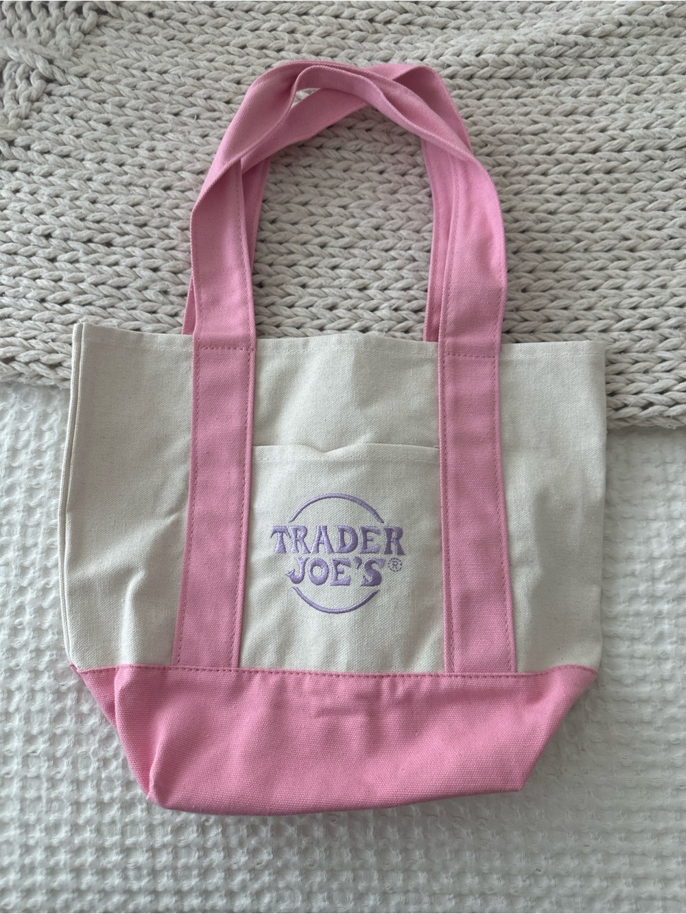 Trader Joes mini Pink & Cream Canvas Tote Bag